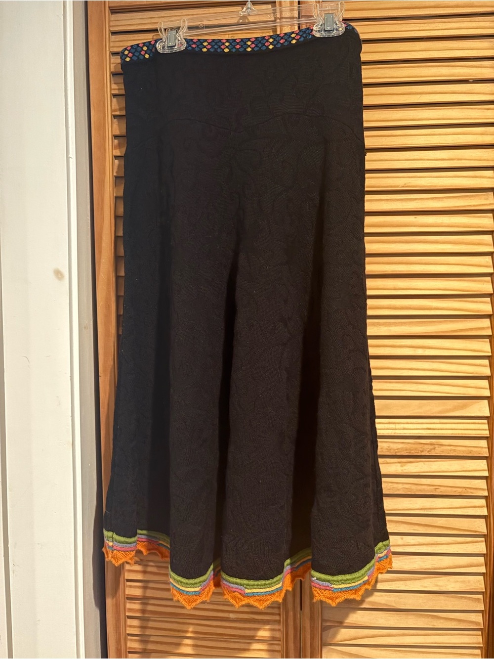 100% Extra Fine Merino Wool A-Line Skirt Black Boho Hippie Colorful Hem IVKO